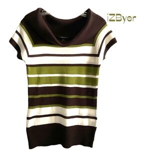 IZ Byer Knit Short Sleeve Sweater Brown Green White Size Large